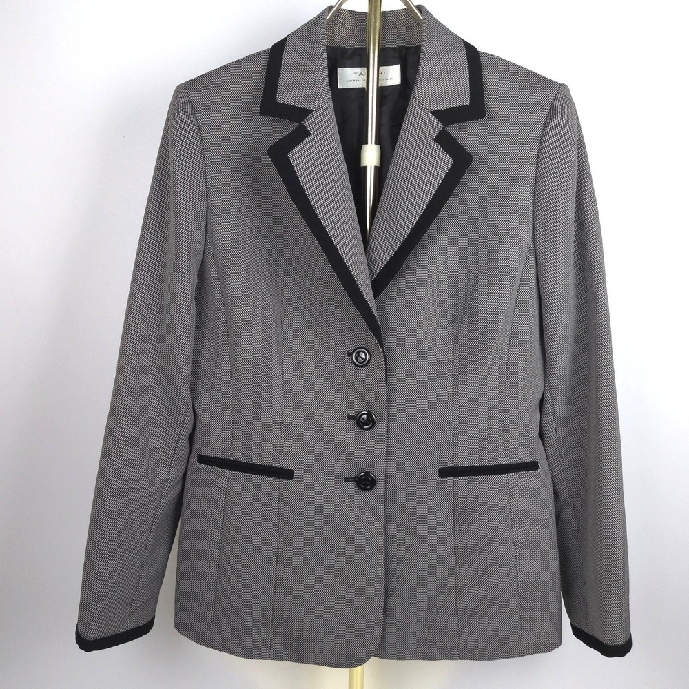 Tahari Women's Sz 10 Blazer White Black Microdot Contrast Trim Tailored 3-Button